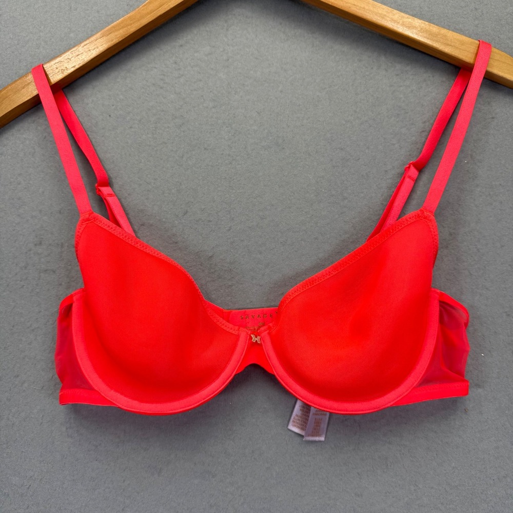 Savage X Fenty Womens Neon Red Mesh Wing Underwire T-Shirt Bra 34B Gold Hardware